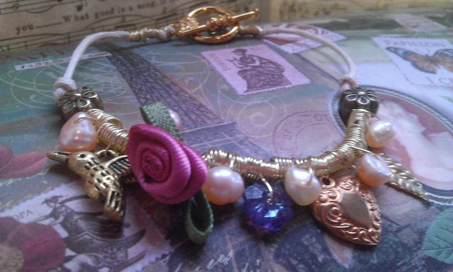 Charmed Bracelet With Gold Tone Hummingbird & Heart Charms Etsy UK