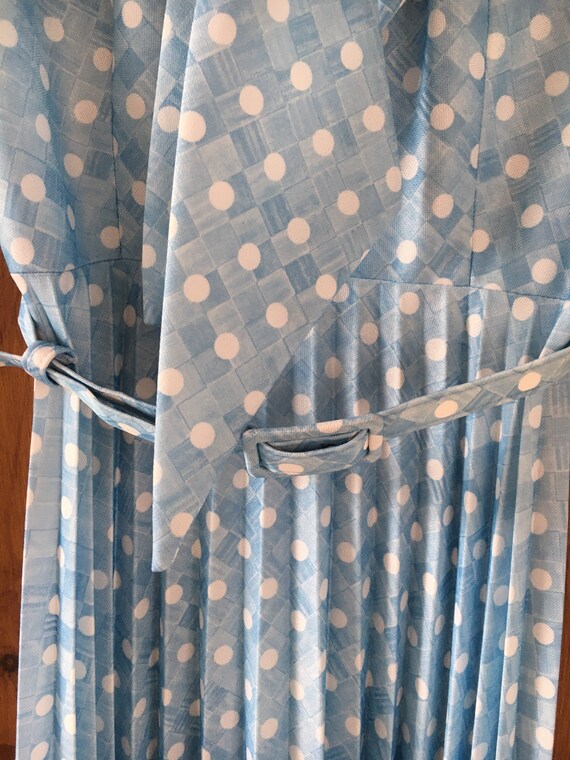 1970s does 40s Blue Polka Dot Pleated Shirtwaist Dress