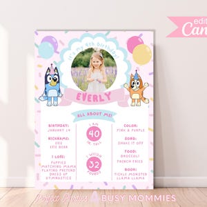 Poster inspiré d'un chien pour son anniversaire rose. Modifiable pour tous les âges, signe d'anniversaire Bluey et Bingo.