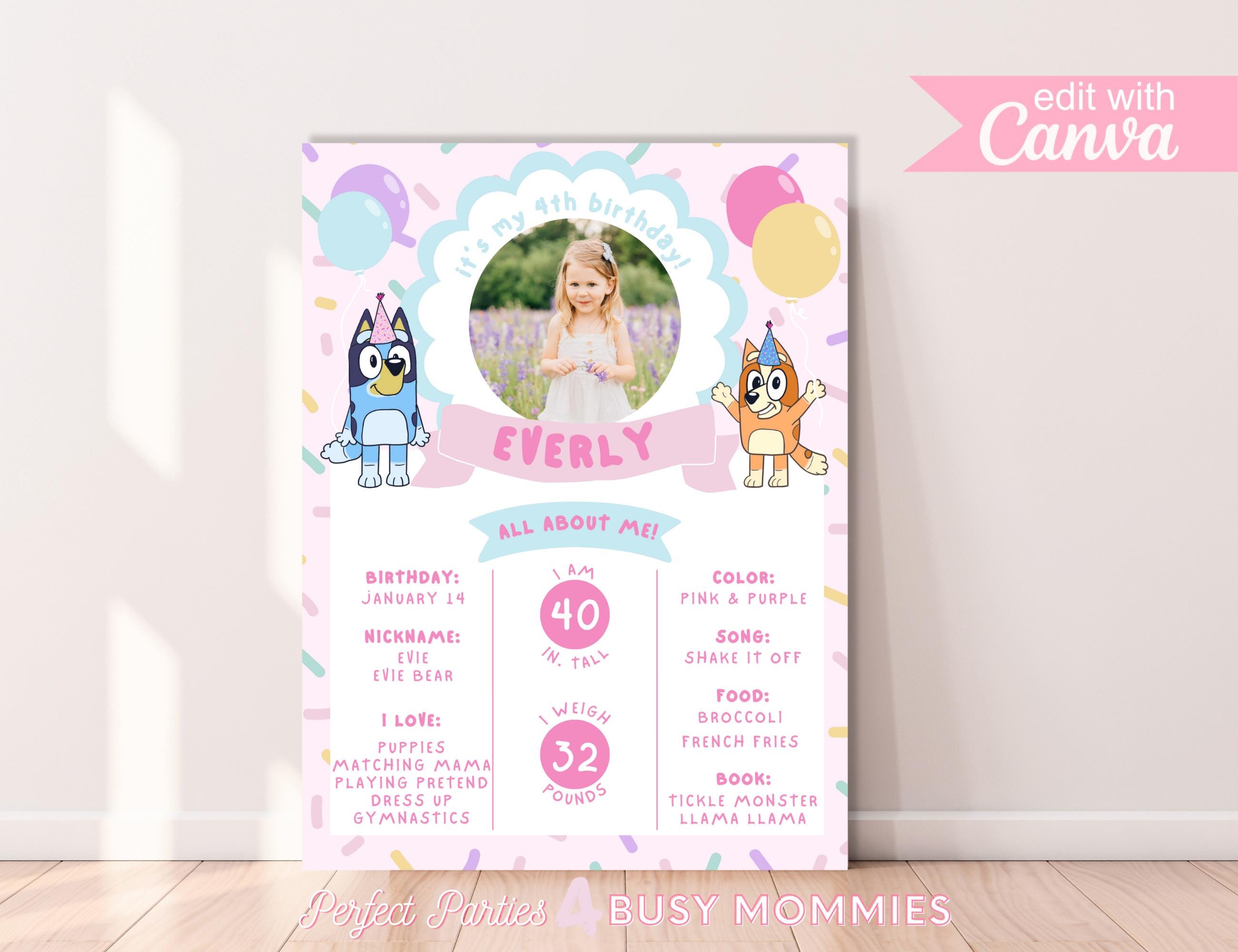 Dog Inspired Pink Birthday Milestone Poster. Editable for any Age Milestone Bluey and Bingo Birthday Sign.