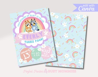 Dog dance mode Birthday Party Invitation Blue. Digital Editable Party Invitation.