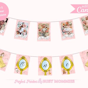 First Birthday Beauty and the Beast Party Banner. Digital Editable Princess Party Milestone Pennant Banner.
