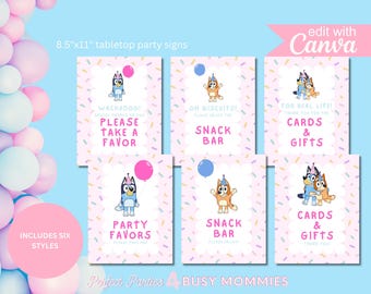 Pink Dog Family Inspired Birthday Party Sign. Printable and Editable Tabletop Signs for Birthday party.