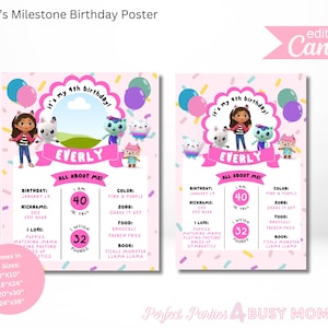 Gabby Cat Inspired Birthday Milestone Poster. Editable for any Age Milestone Girls Birthday Sign.