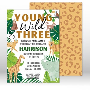 Young, Wild, & Three Kids Birthday Party Invitation. Jungle Animal party invitation. Digital Animal Party Invitation.