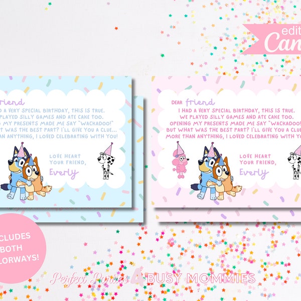 Blue Dog Birthday Thank You Card Editable.