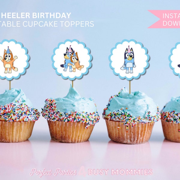 Blue Heeler Dog Birthday Cupcake Toppers. Printable DIY Cupcake Toppers.