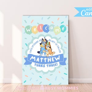 Boy Blue dog Birthday Welcome Poster Editable Birthday Poster.
