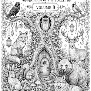 May include: A black and white coloring book cover titled Woodland Spirits Animals of the Forest Volume 8. The illustration features a large tree with a door, an owl, a fox, a deer, a bear, a wolf, a rabbit, and a squirrel. Created by Shelley Ferrell & Gatsby.