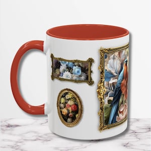 Vintage Floral Accent Coffee Mug, Renaissance Bird Art Mug, Unique Gift for Nature Lovers, Elegant Tea Cup, Art-Inspired Kitchenware