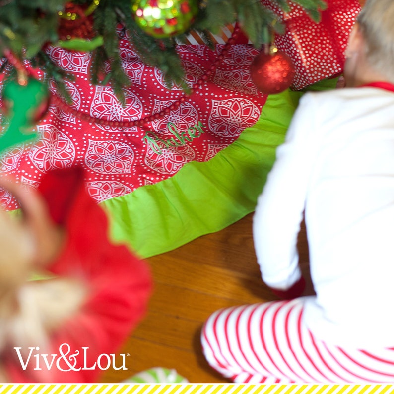 Red /& Green Geometric Monogrammed Christmas Decor Custom Embroidered Tree Skirts Personalized Holiday Noel Ruffle Tree Skirt