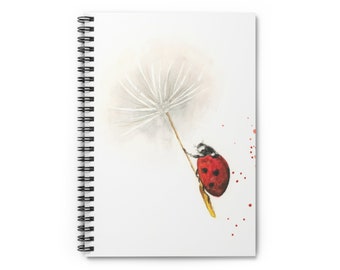 May include: A watercolor painting of a ladybug perched on a dandelion seed head. The ladybug is red with black spots and the dandelion is white with a brown stem.