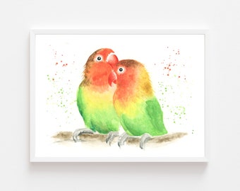 love birds art, love bird wedding, love birds print, bird watercolor, tropical bird art, parrot print, parrot art, bird lover gift, tropical