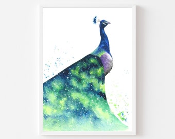 Peacock print, peacock art, peacock painting, bird art, bird wall art, animal prints, watercolor wall art, bird print