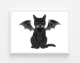 Black cat art, bat art, cat decor, cat gift, gothic home decor, gothic art, bat print, goth decor, cat painting