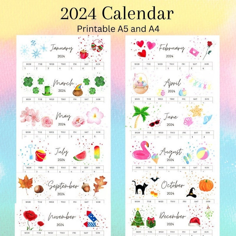 2024 Calendar Printable 2024 Calendar A4 Printable Calendar Etsy