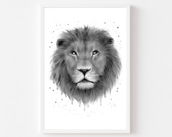 Lion print, lion art, lion painting, lion wall art, big cat art print, big cat painting, watercolor print, black white art, monochrome art
