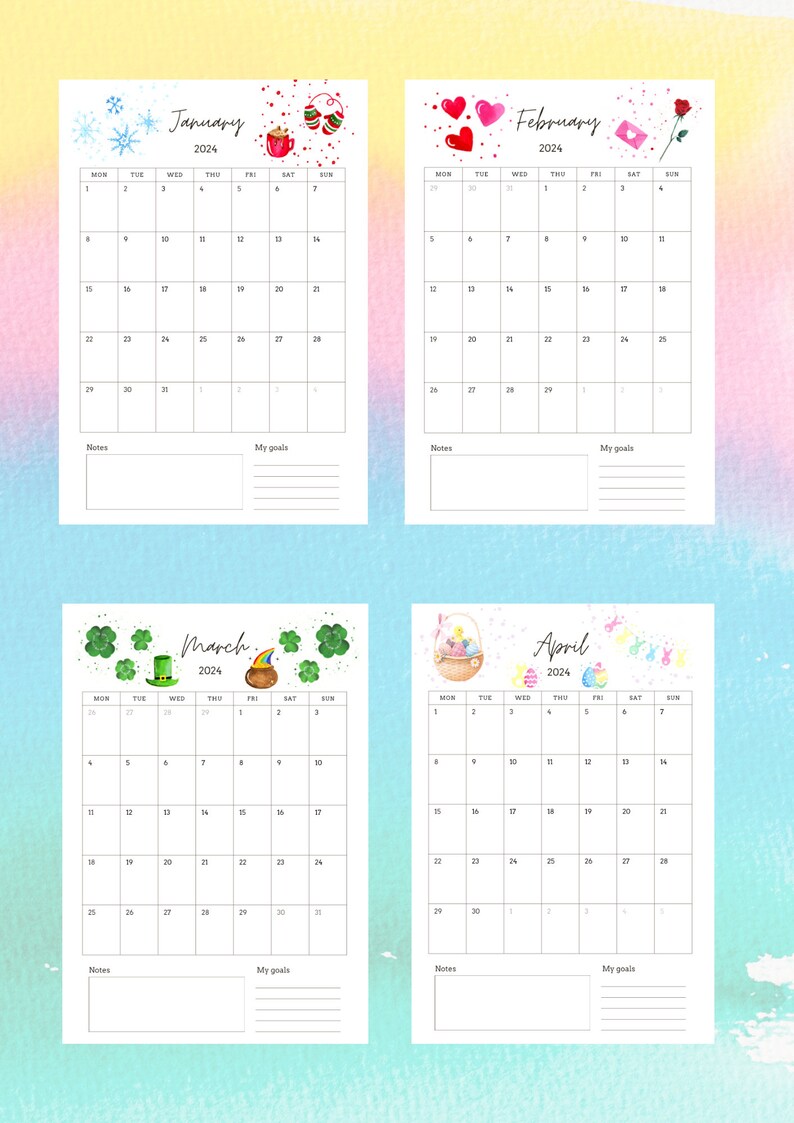 2024 calendar printable 2024 calendar a4 printable calendar etsy 