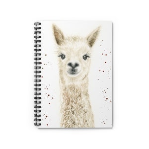 May include: A white alpaca with brown eyes and a fluffy coat is looking directly at the camera. The background is white with brown splatters of paint.
