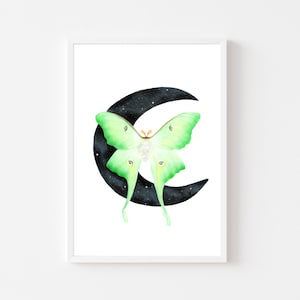 Luna moth print, luna moth art, luna moth painting, moon wall art, watercolour print, dark cottagecore art, gothic art print