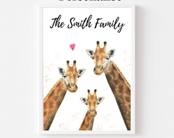 giraffe family print, personalised family print, giraffe nursery print, personalised family art, giraffe baby shower, giraffe nursery art,