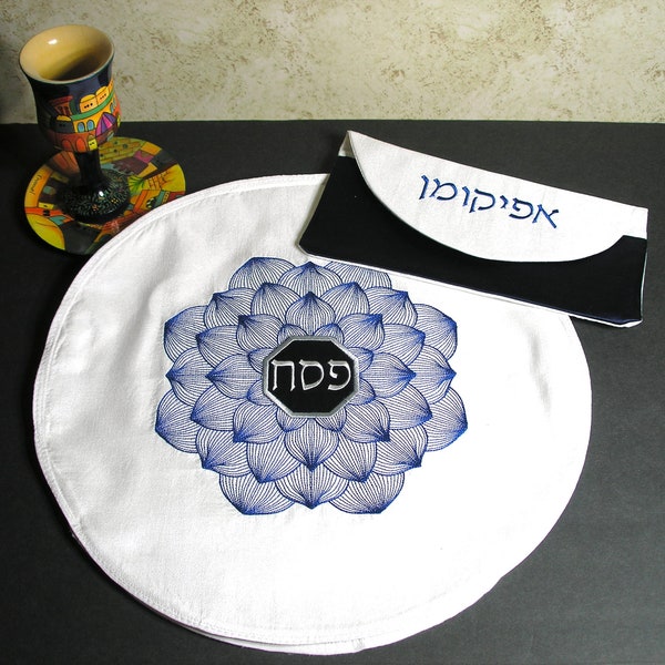 Round Matzah Cover & Afikomen bag - in Elegant Blue and White - Flower petal embroidery