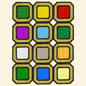 Könnte beinhalten: Eine vertikale Reihe von 12 goldgerahmten Quadraten, jedes mit einer anderen Farbe: grün, gelb, rot, lila, hellblau, grün, weiß, grau, orange, grün, blau und gelb.