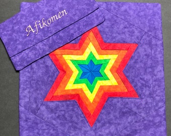 Matzah Cover and Afikomen Bag - Rainbow Star of David on Purple for Passover Seder