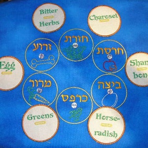 May include: A blue fabric Seder plate with embroidered circles containing Hebrew text and English words like "Egg", "Bitter Herbs", "Charoset", "Greens", "Horse-radish", "Shank bone", and "Matzah".