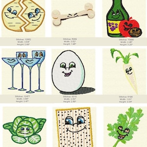 Peut inclure: Ensemble de neuf images brodées représentant divers symboles de la Pâque juive, dont la matzah, le vin, un os, un œuf, une carotte, un légume vert et une branche de persil. Chaque image présente un visage de dessin animé souriant.