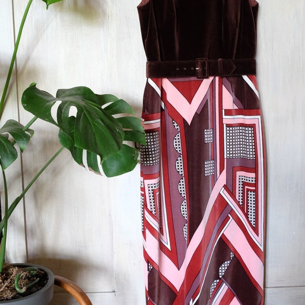 SALE Brillant Samt Niedieck 70s Vintage chocolate brown velvet dress with geometric print sleeveless maxi dress medium