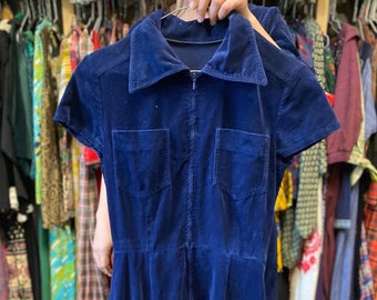 Vintage 70s navy blue velvet dress short sleeve shirt dress xsmall small