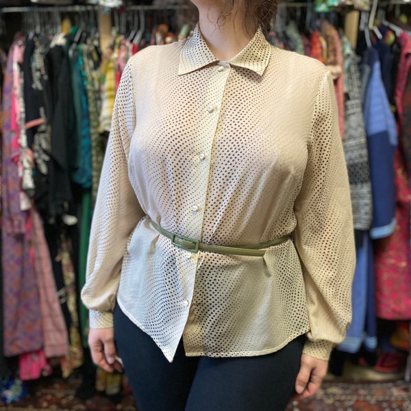 SALE Zogbaum Blusen Berlin 70s Vintage beige polka dot blouse with long sleeve sheer blouse large