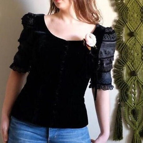 SALE Brigitte Hernuss 90s Vintage black velvet jacket with lace puffed sleeves Dirndl jacket medium