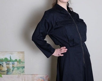 SALE Betty Barclay 80s Vintage black maxi dress with long sleeve zipper up shirt dress large