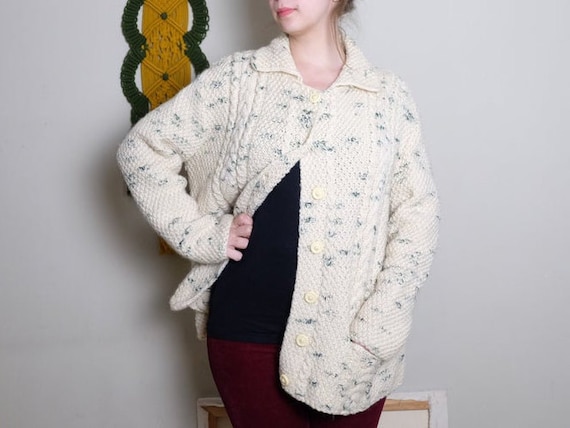 70s Vintage cardigan white green Cable knit Aran k