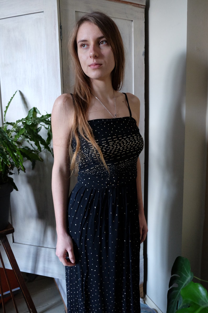 sale Vicky Valere 70s France Vintage dress black golden dots Evening Party Prom dres XSmall XS