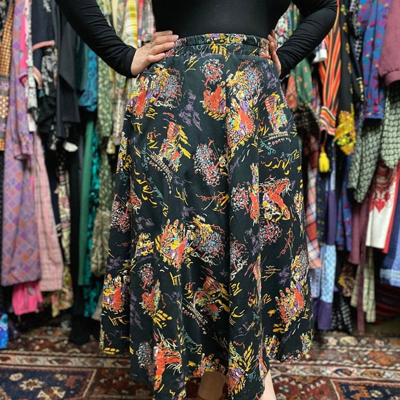 Sale Vintage 70s Black Midi Skirt With Spanish Carnival Flamenco Novelty Print Medium Large Etsy