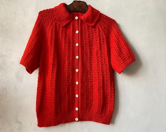 Cárdigan rojo de punto acanalado, manga corta y botones, estilo vintage de los años 50 y 60, hecho a mano, talla mediana