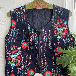 Può includere: Un gilet trapuntato senza maniche nero con un vivace motivo floreale nei toni del rosso, rosa e azzurro. Il capo presenta uno scollo a V, una chiusura frontale con bottoni e una fodera scura, esposto su una gruccia in legno verde.