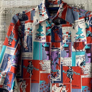 May include: A long-sleeve button-down shirt featuring a vibrant, multi-colored collage print of vintage-style advertisements, illustrations of figures in historical clothing, and various text elements in red, blue, teal, and white color blocks.
