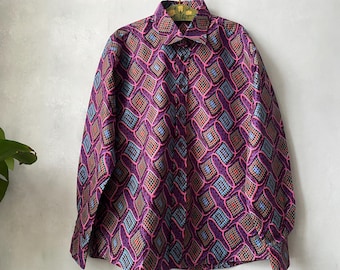 Vintage vibrant purple and pink geometric print men shirt long sleeve party shirt xlarge