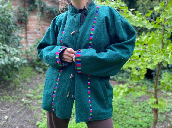 Green Wool Jacket With Colorful Tape Patch Work Coat With Long - Etsy
