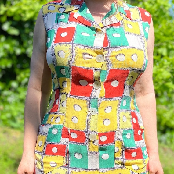 Vintage 60s summer sleeveless dress with geometri… - image 1