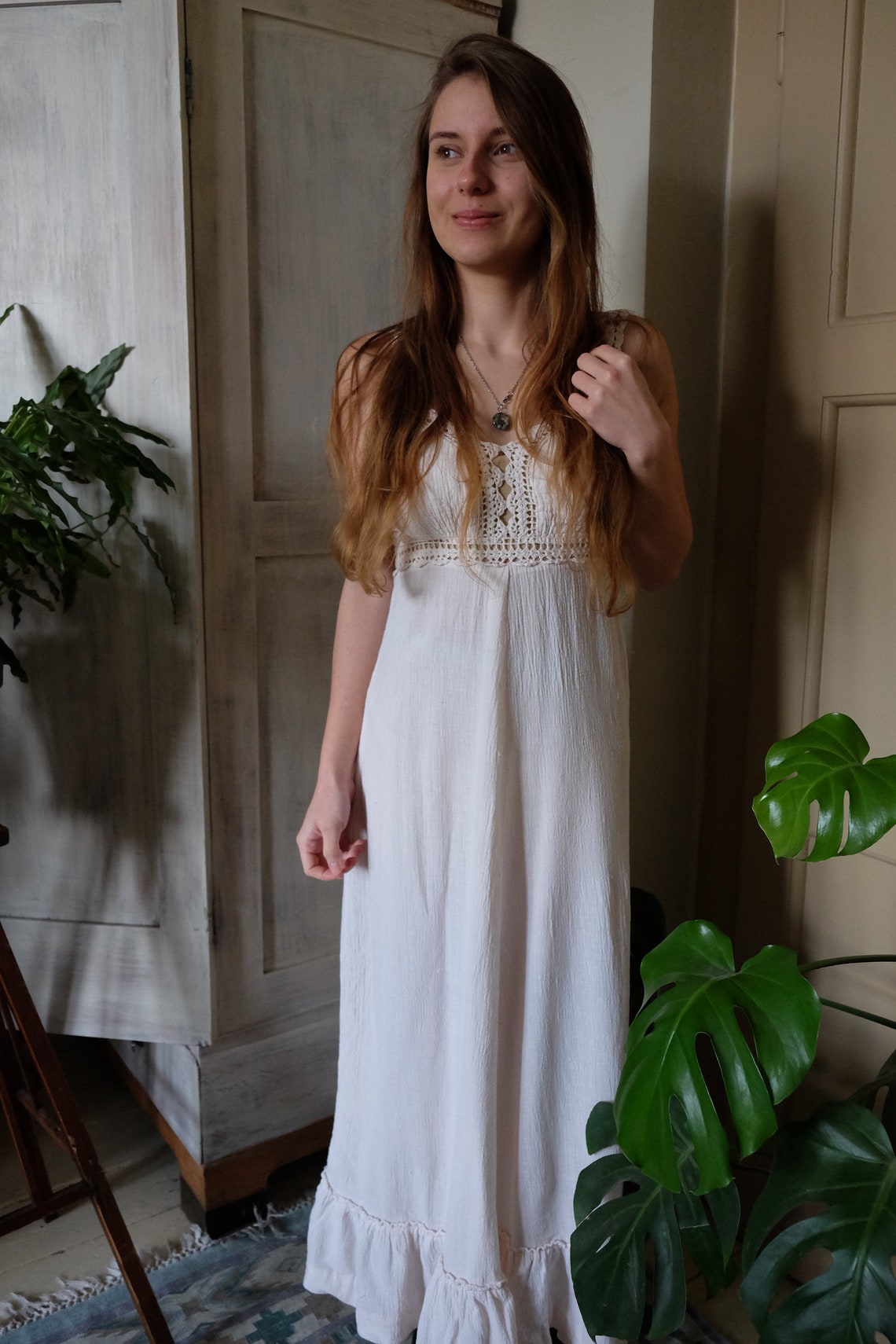 70er Jahre Vintage Kleid aus weiß gekräuselt häkeln Maxi Boho | Etsy