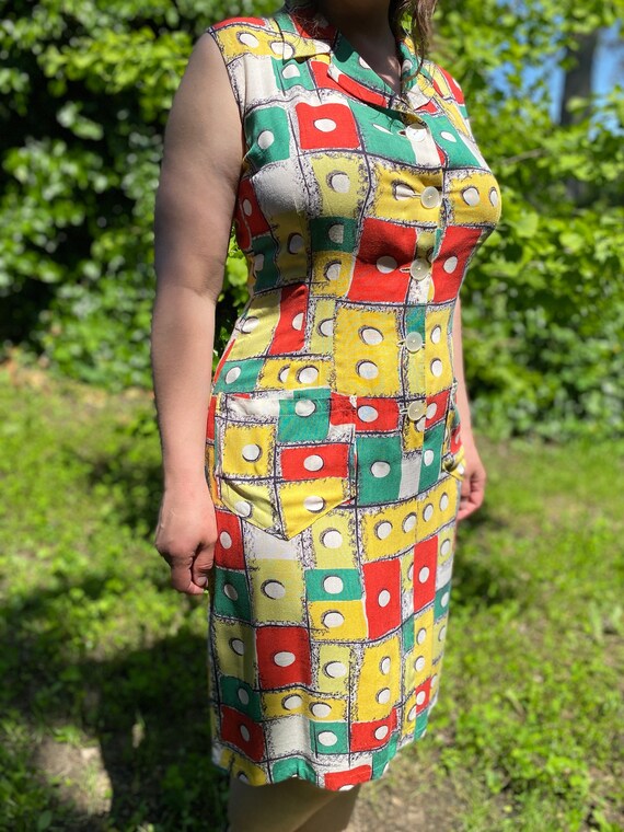 Vintage 60s summer sleeveless dress with geometri… - image 6
