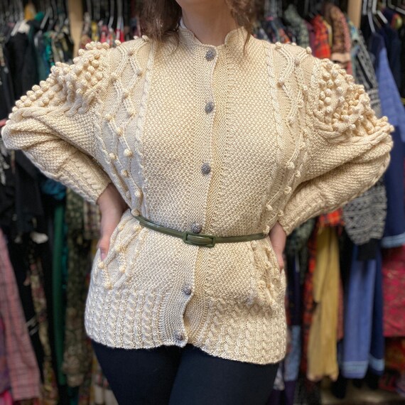 Sale Vintage White Popcorn Cardigan Wool Cable Knit Cardigan Leg of Mutton Sleeves Sweater Large Etsy UK
