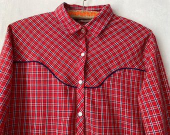 Vintage 70s red madras print shirt long sleeve country western shirt medium large