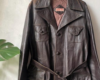 sale Hassan El-Neweca Vintage 70s dark brown leather jacket belted men jacket large xlarge