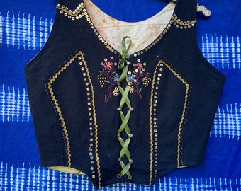Vintage 30s 40s Czech folk black wool embroidered vest medium large